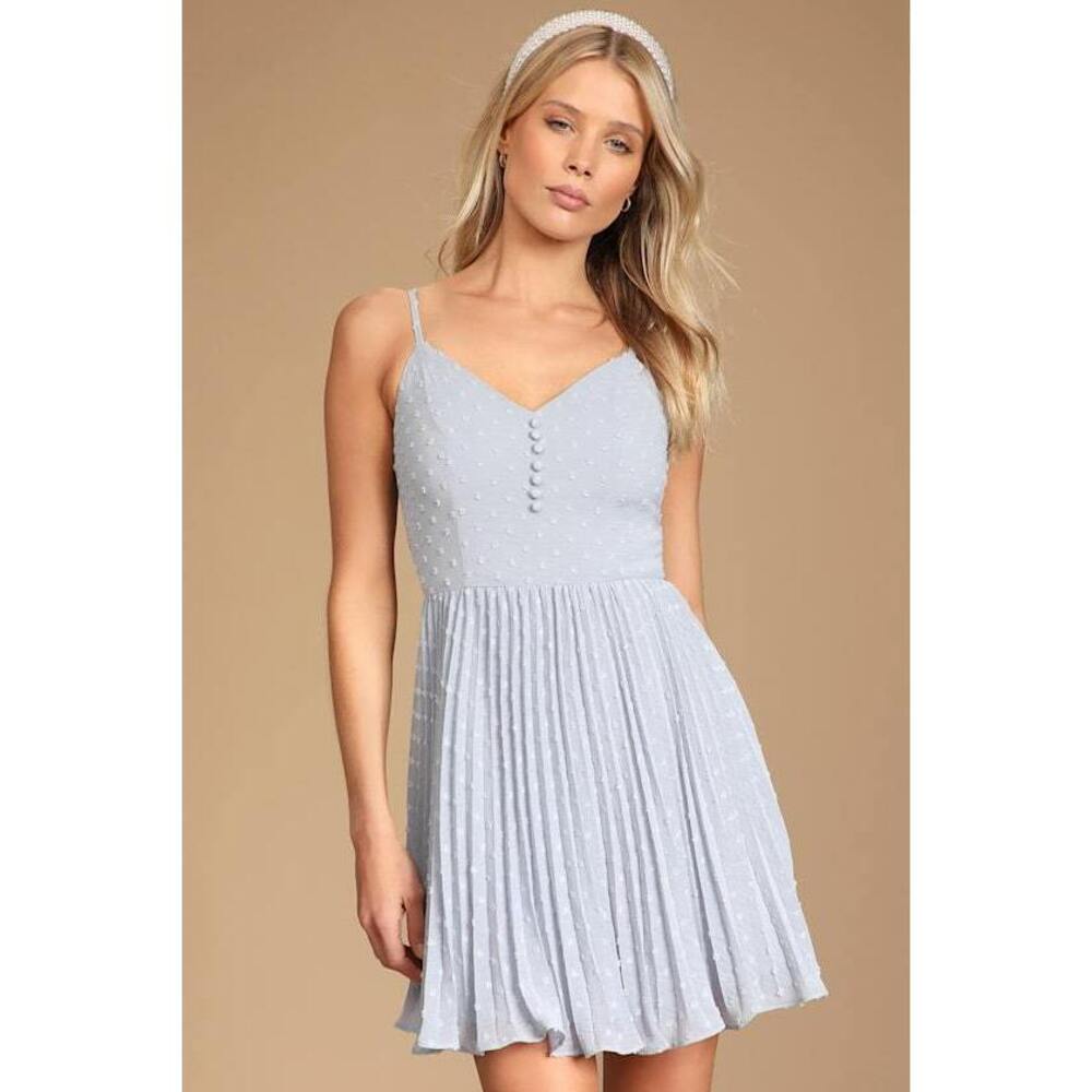 Lulus Sweet Sunny Day Slate Blue Swiss Dot Pleated Skater Mini Dress. NWOT